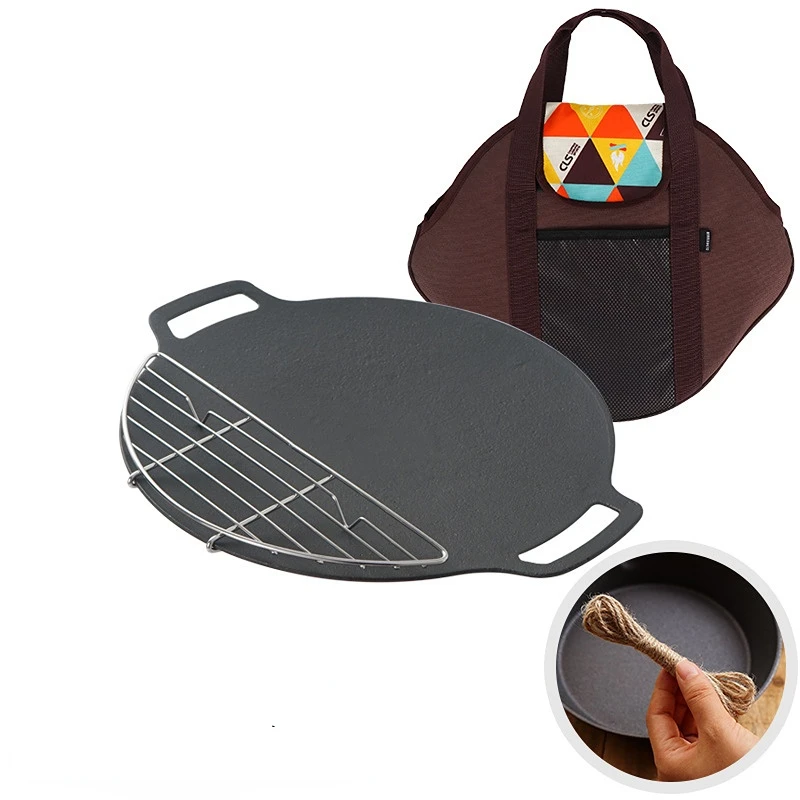 30CM Thick Cast Iron Frying Pan Flat Pancake Griddle Uncoated Non-stick Bbq  Grill Induction Cooker Open Flame Cooking Pot