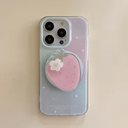 Gradient Shell Magnetic Stand Holder with Cartoon Strawberry Design - Cute Flower and Star Phone Case - iPhone 15 (With stand holder)