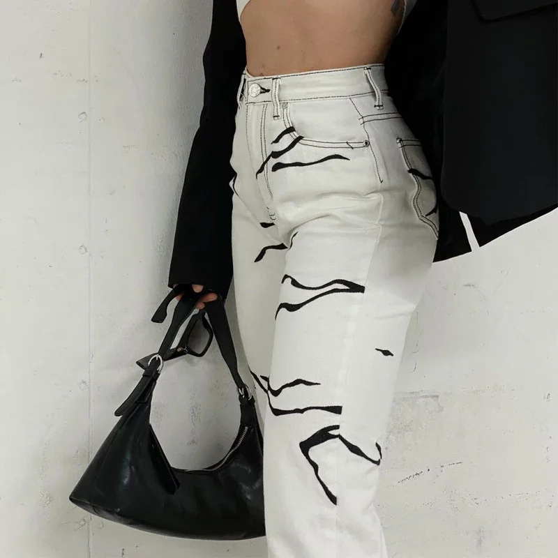 2024 Irregular Stripe Printed Pocket Botton Zipper Printed Temperament Thin Overalls Summer Women's Fashion Streetwear Pants