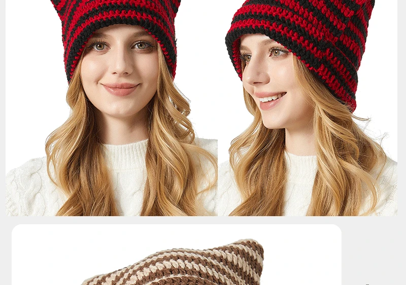Japanische Beanie-Mütze für Damen, gestreifte Teufelchenmütze aus Strickwolle, Herbst und Winter, niedliche Katzenohren, wärmende Mütze, Freizeitmütze – Detail 8