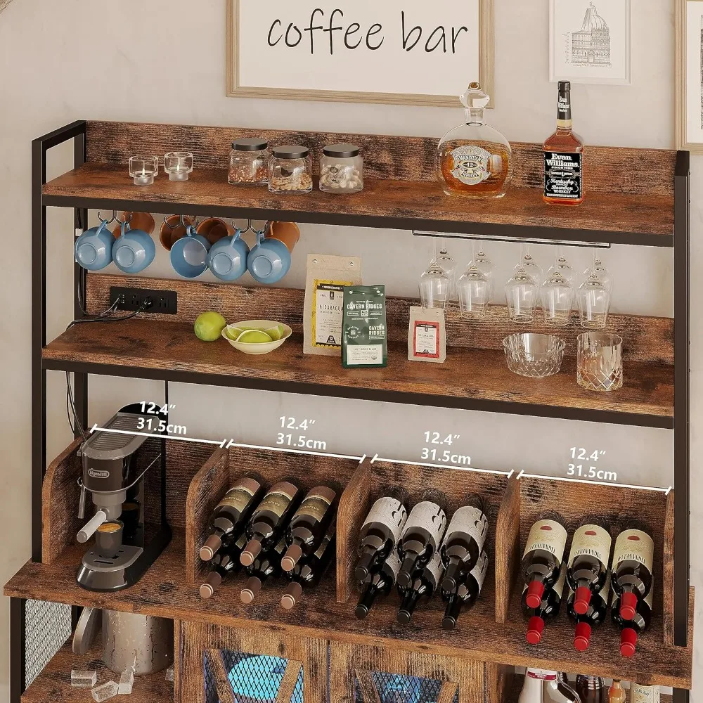 IRONCK Coffee Bar Cabinet with Power Outlet, Industrial Buffet Cabinet with LED Strip and Glass Holder, 3-Tiers Liquor