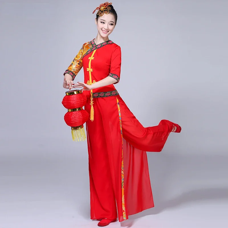 

Folk Dance Female Hanfu Dance Wear Performance Classical National Costumes Fan Square Dance Suit Red Women Ancient Yangko