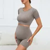 Women's Maternity 2 Piece Seamless Short Sleeve Crop Top Legging Sets Workout Casual 1