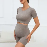 Women's Maternity 2 Piece Seamless Short Sleeve Crop Top Legging Sets Workout Casual 1