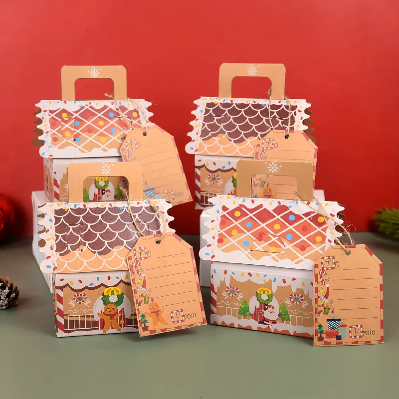

4pcs Christmas House Shape Candy Box Santa Claus Gingerbread Man Kraft Paper Box Gift Bag New Year Party Xmas Packaging Supplies