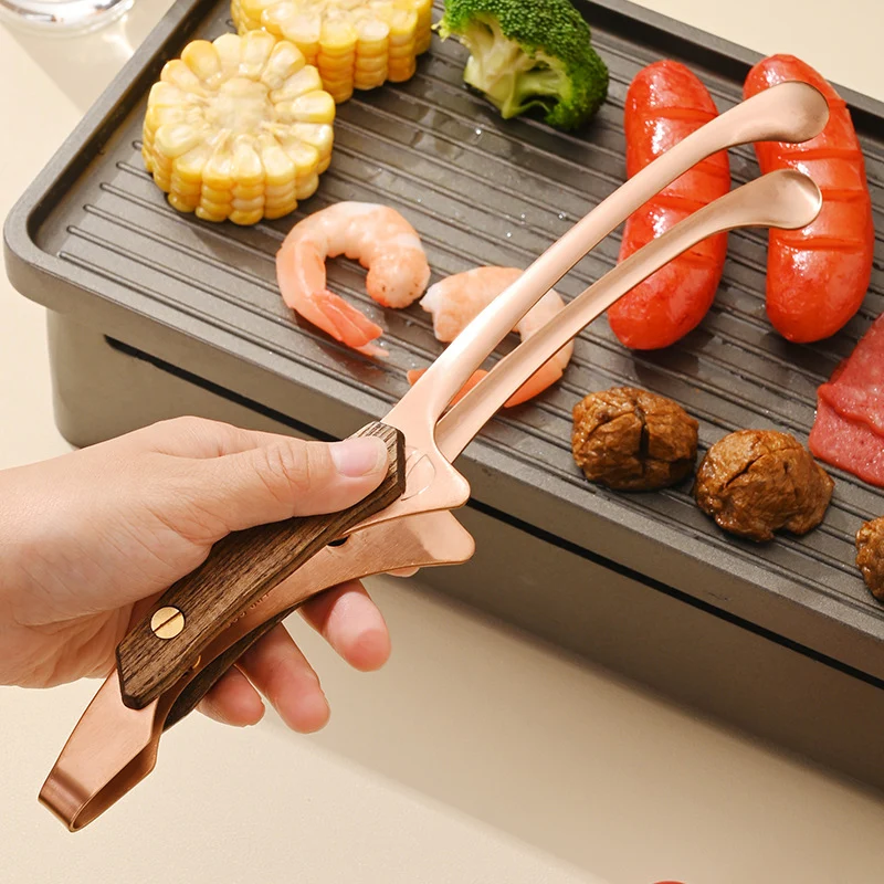 Food Tong Heat Insulated Anti-Scalding Grill Meat Clip Easy To Clean Wooden Handle Stainless Steel Tea Clamp BBQ Tool