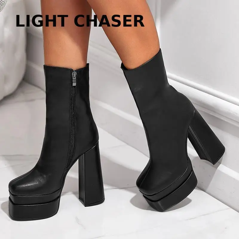 

Square Head Thick -heeled Women's Boots Waterproof Table Zipper To Increase Naked Boots Comfortable High Heel Short Boots Female