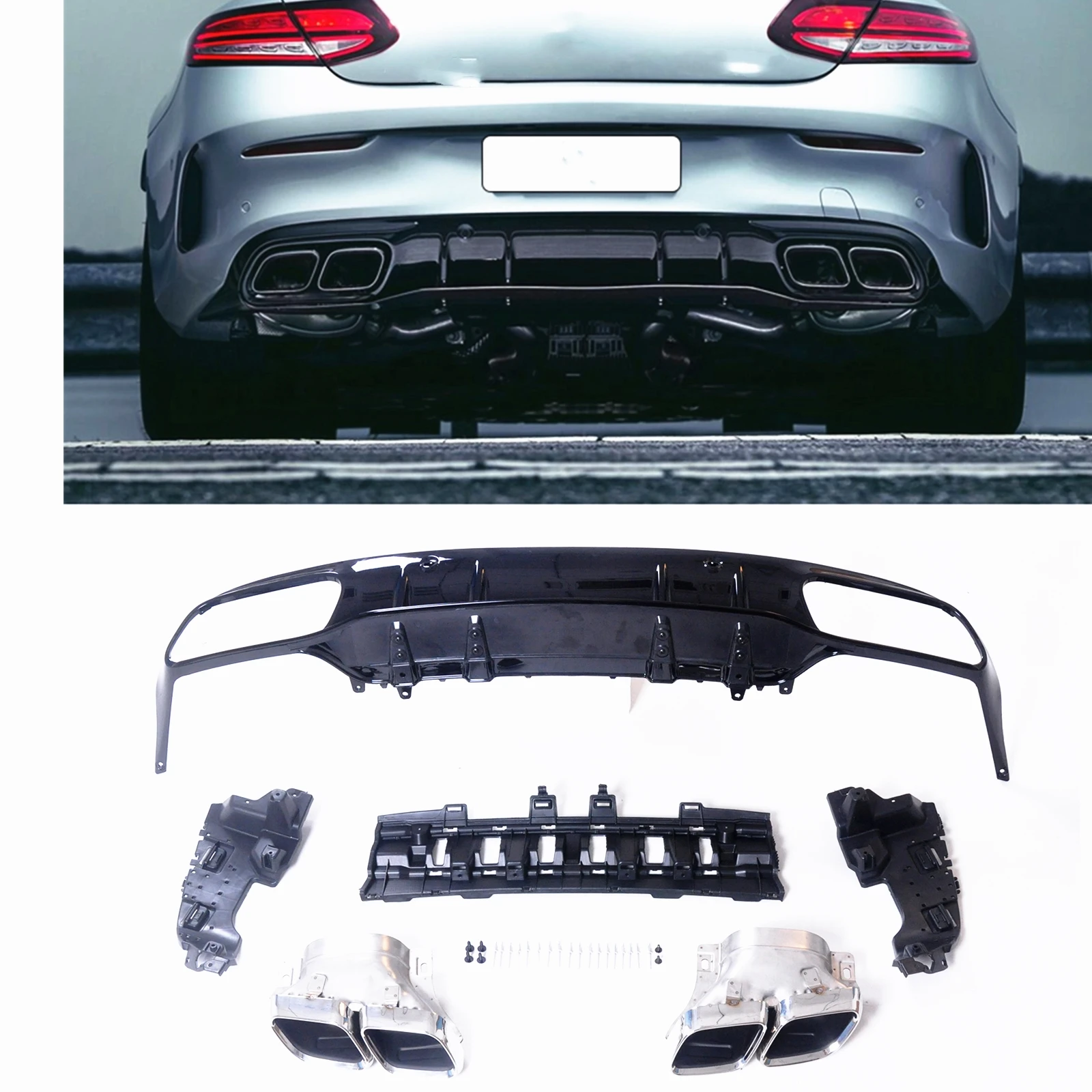 

For Mercedes-Benz W205 C Class AMG Coupe 2 Door 2015-2021 C63 Style Rear Bumper Diffuser Lip+Silver Exhaust Muffler Tip Pipe Kit