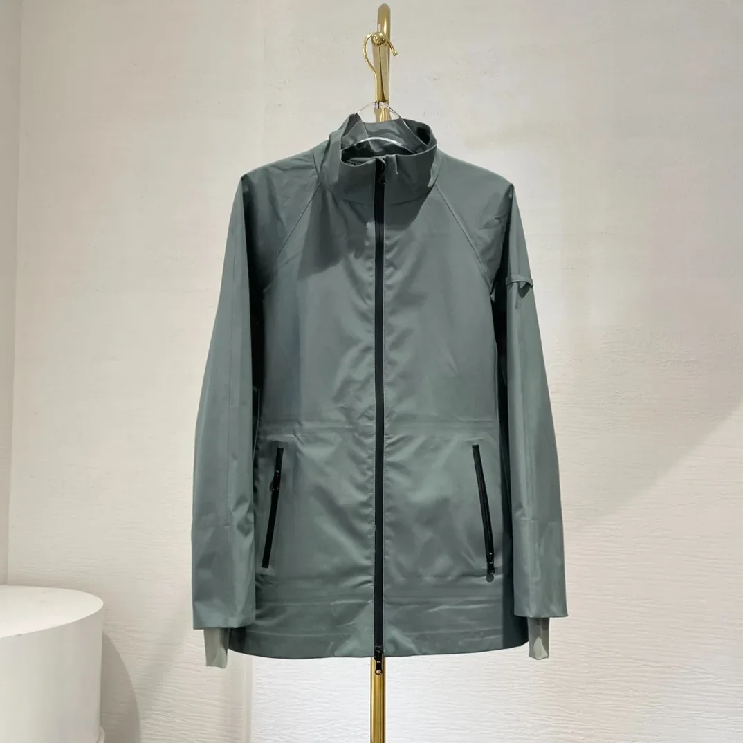 

2024 Spring High Quality Ivory Ink Green Long Sleeve Stand Collar Windproof Trench Jacket Tops