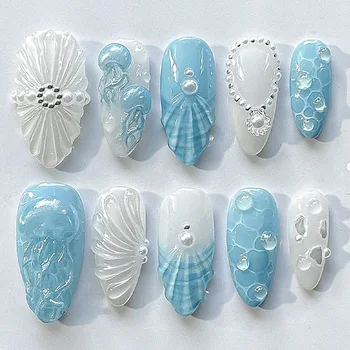 24Pcs Summer Ocean Style Press on Nails with Pearl 3D Blue French Fake Nail Mid-length Almond Wearable False Nail Tips Jellyfish