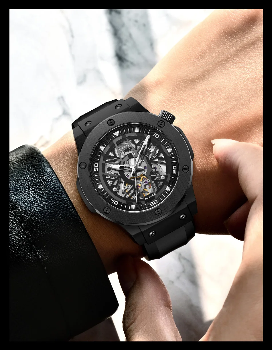 Hollow Out Design Automatic Watch For Men Luxury Stainless Steel Rubber Strap Mechanical Watch 30M Waterproof Reloj Hombre_voghion.com