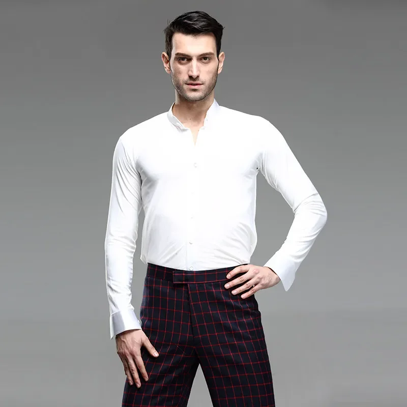 Men White Dance Shirt Competition Performance Ballroom Modern Salsa Tango Samba latin top men shirts boys dancewear dance shirts