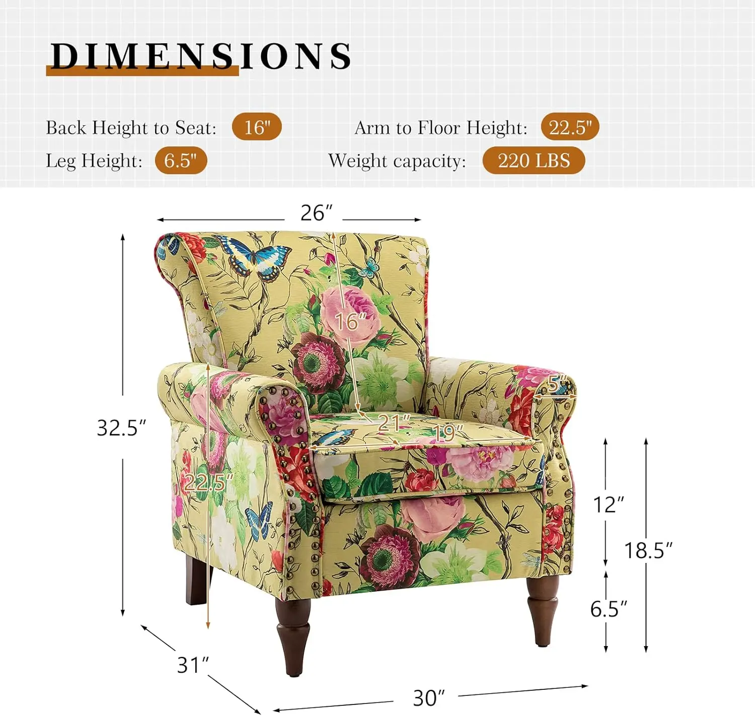 Description Picture 3 of itemModern Wingback Accent Chair with Wood Legs & Removable Cushion, Comfy Upholstered Armchair with Nailhead Trim, Floral Pattern