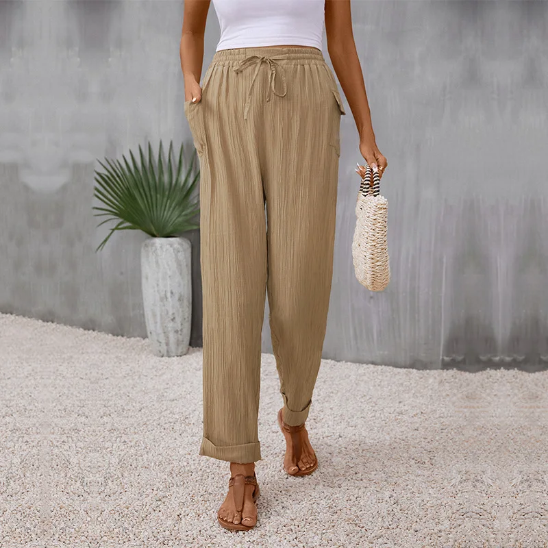 

Pants For Women 2023 Casual Slim Khaki Stripe Ruched Elastic Waist Drawstring Strap with Pocket Ladies Pants Vacation Outfit