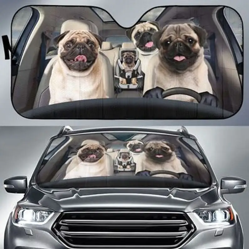 PugFamilyFunnyAutoSunShadePersonalizedSunshadeCustomizedGift
