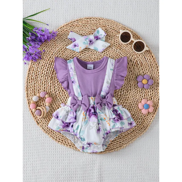 New Cute Infant Purple Sleeveless Bodysuit with 2 Bows+Headband Fashion Summer Clothes for Baby Girl 1-18 Months Baby Onesie 1