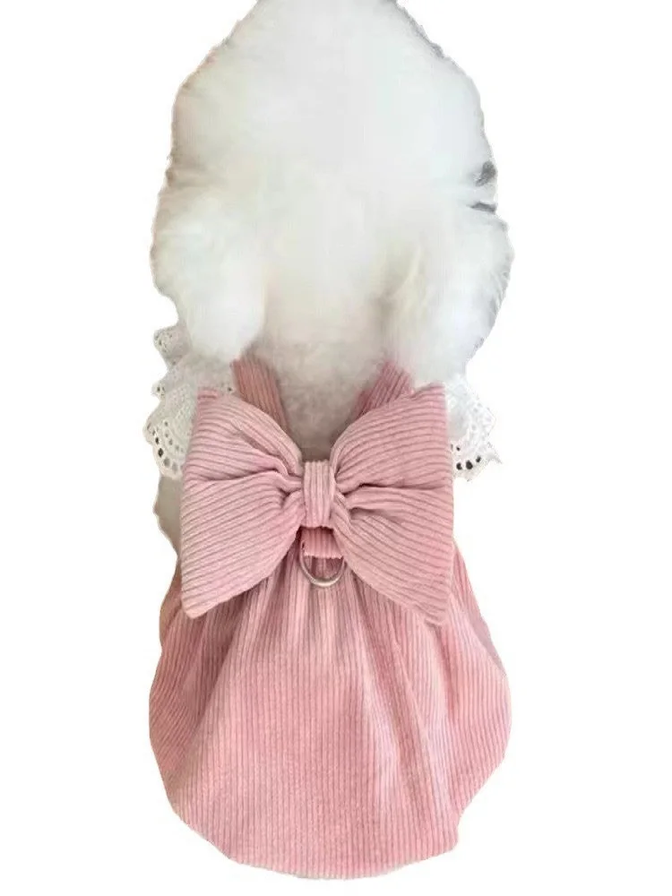 Pet Clothing Autumn/Winter New Corduroy Pumpkin Skirt Pulling Buckle Teddy Bear Dog Cat Warm Lace Skirt