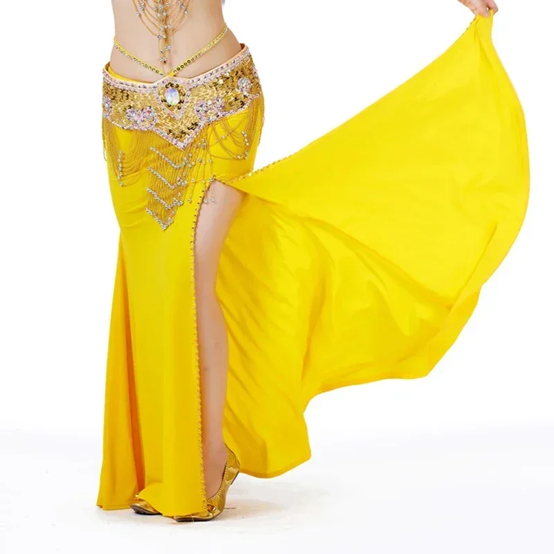 

Женский костюм для танца живота, платье с разрезом и юбкой, одежда для восточных танцев, 12 цветов