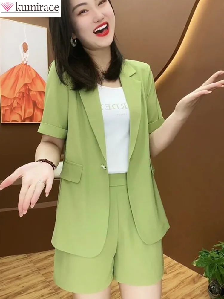 

Casual Short Sleeve Jacket Blazer Shorts Two Piece Set Office Work Suit Coverall 2022 Summer New Elegant Women's Shorts Suit