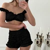 Pyjama sexy en satin HiLoc pour femme, ensemble 2 pièces avec débardeur court et short à taille élastique froncé, tenue d'intérieur unie pour femme