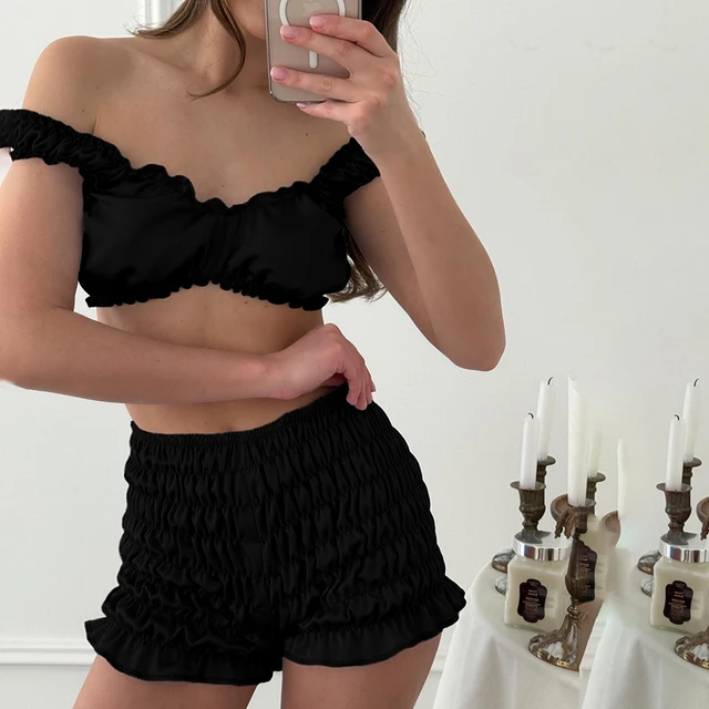 Pyjama sexy en satin HiLoc pour femme, ensemble 2 pièces avec débardeur court et short à taille élastique froncé, tenue d'intérieur unie pour femme