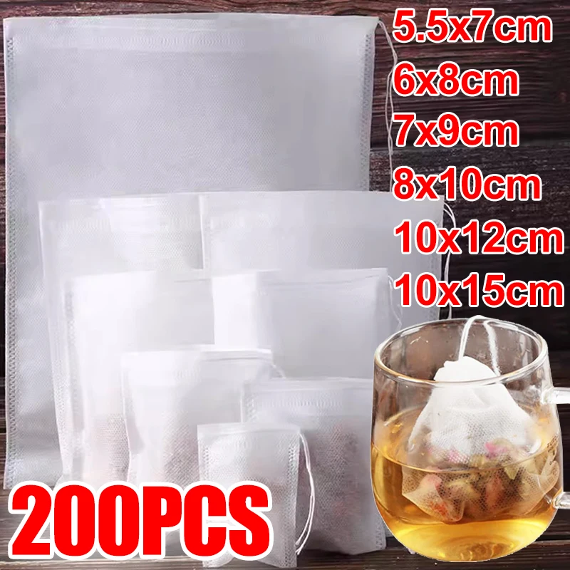 Одноразовые чайные пакеты 200/50 шт., пустые Нетканые фильтры для кофе, чая, инфузора со шнурком, фотобумажные кухонные принадлежности