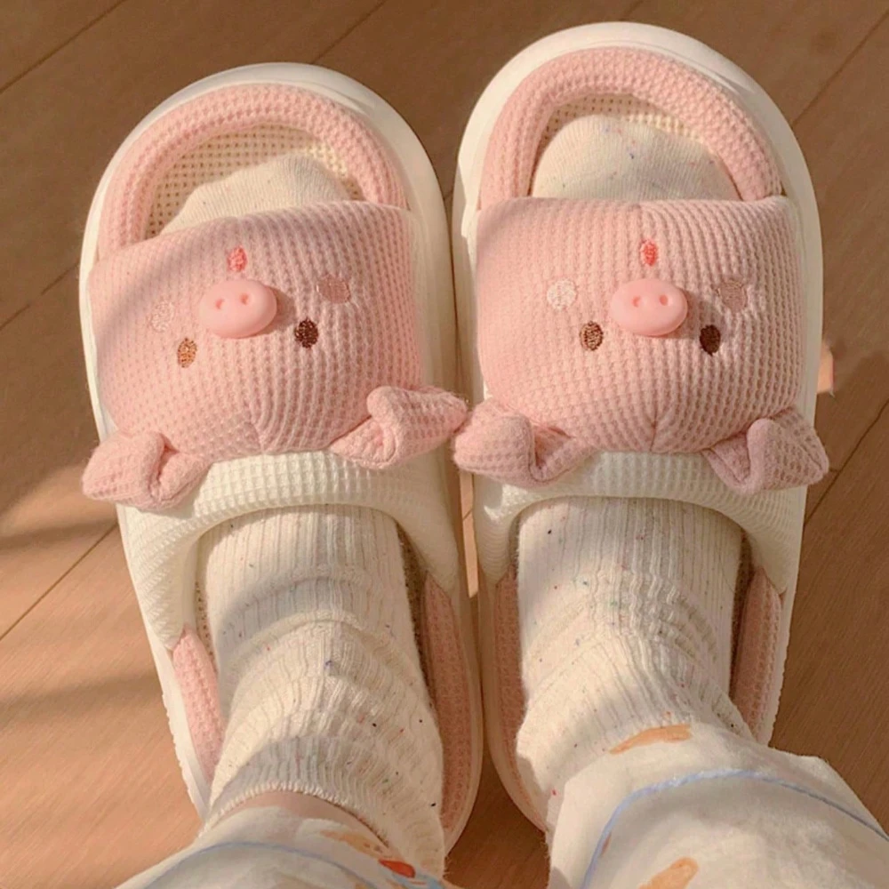 2023 New Pink 3.5cm Fashion Soft Ladies Casual Cute Piggy Pattern Design Comfortable Female Linen Home Slippers