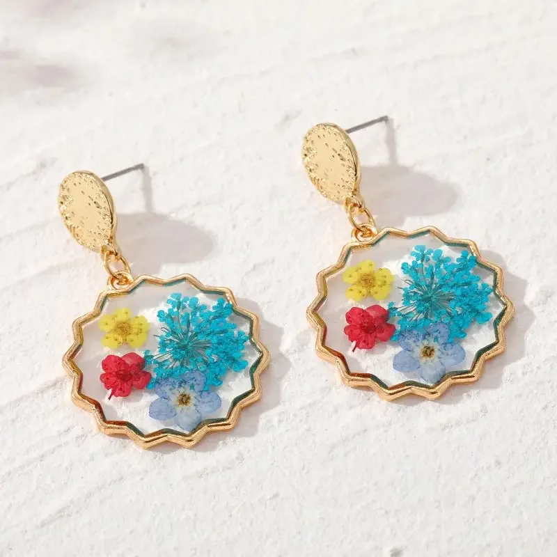Cute Colorful Flower Round Earring Unique Epoxy Resin Pressed Flower Earring Women Sweet Natural Flowers Statement Jewelry 2024