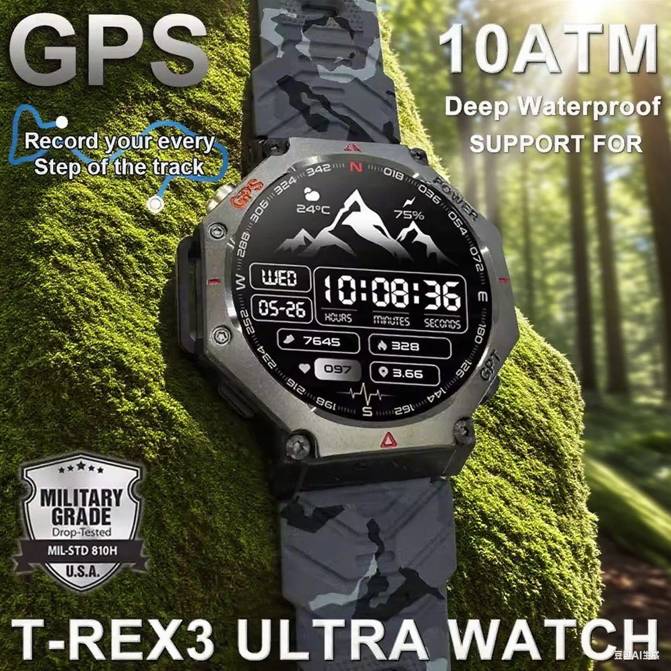Montre militaire T-Rex 3 Ultra GPS étanche 10ATM 100+ modes sport boussole homme outdoor 2025