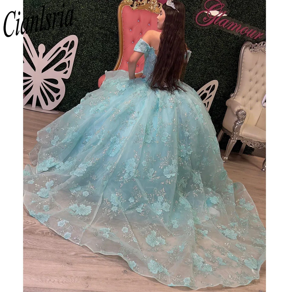 

Cute Princess Mint Green Ball Gown Quinceanera Dresses Off Shoulder Flowers Appliques Pearls Luxury Vestidos De 15 Anos Corset