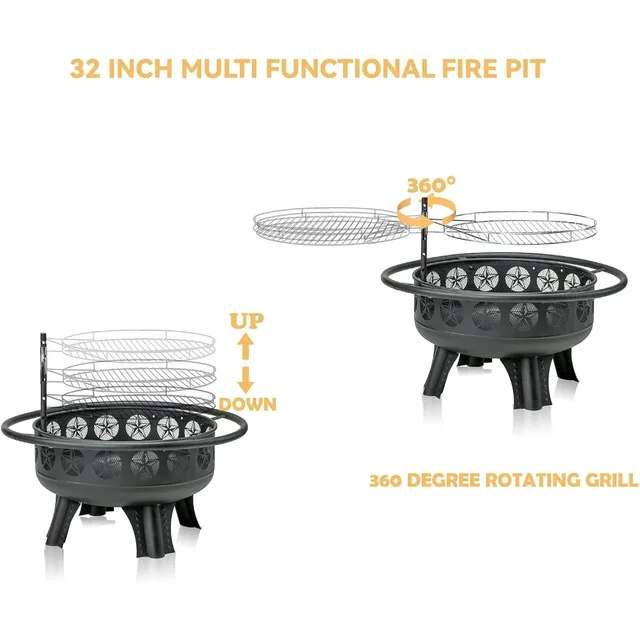 32 Inch Fire Pit with Swivel Cooking Grate,3-in-1 Wood Burning Firepit with Grill,Outdoor Fire Pits Table with Metal Lid and Pok 2