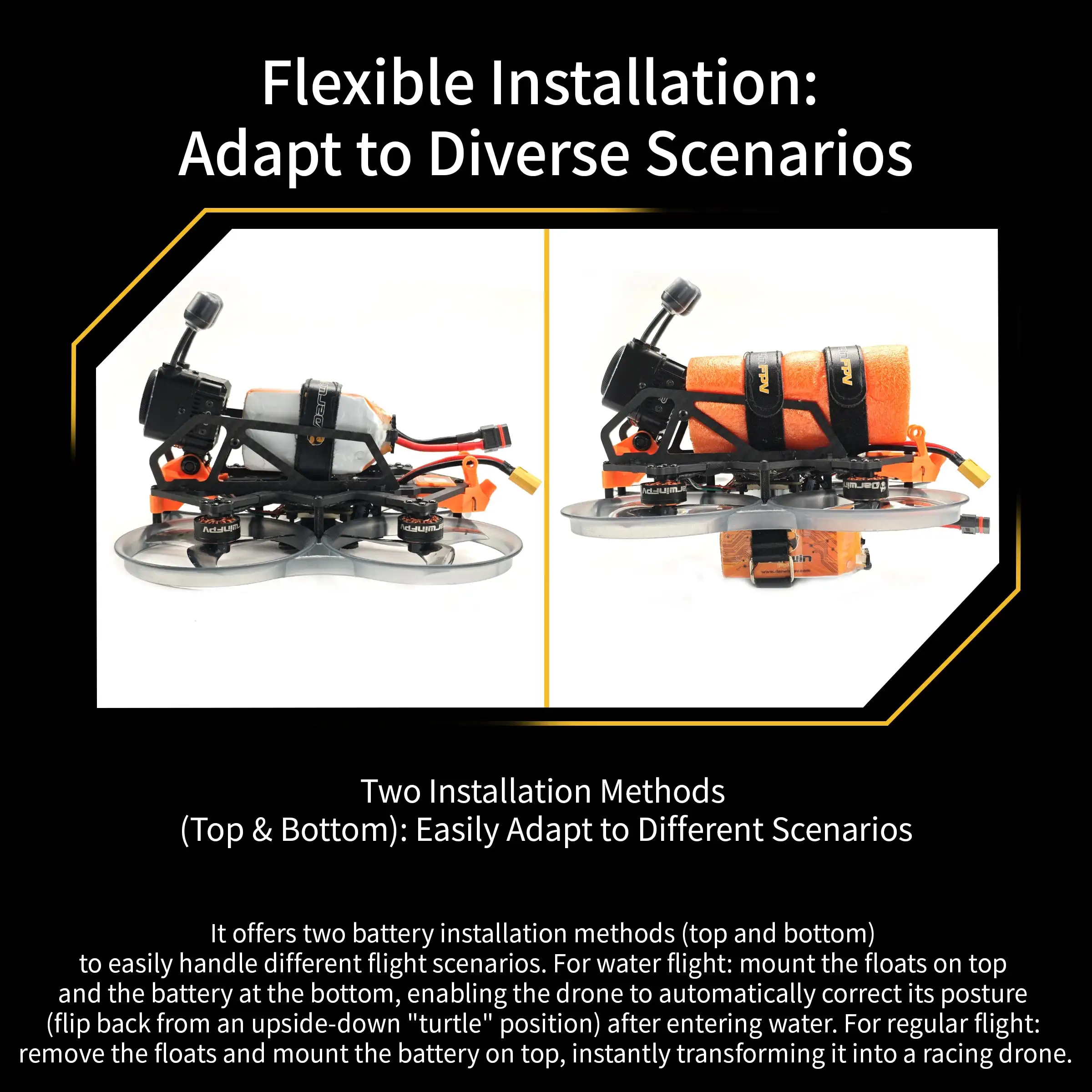 Drone with top and bottom battery installation methods, adaptable for water flight (with floats) and regular racing flight.
