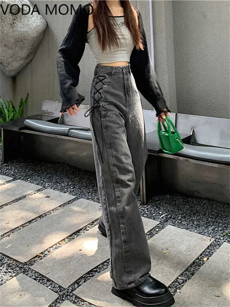 spring 2023 womens  high waist lace up straight Women\'s Wide leg jeans baggy woman denim capris Pants jean mom jeans trousers