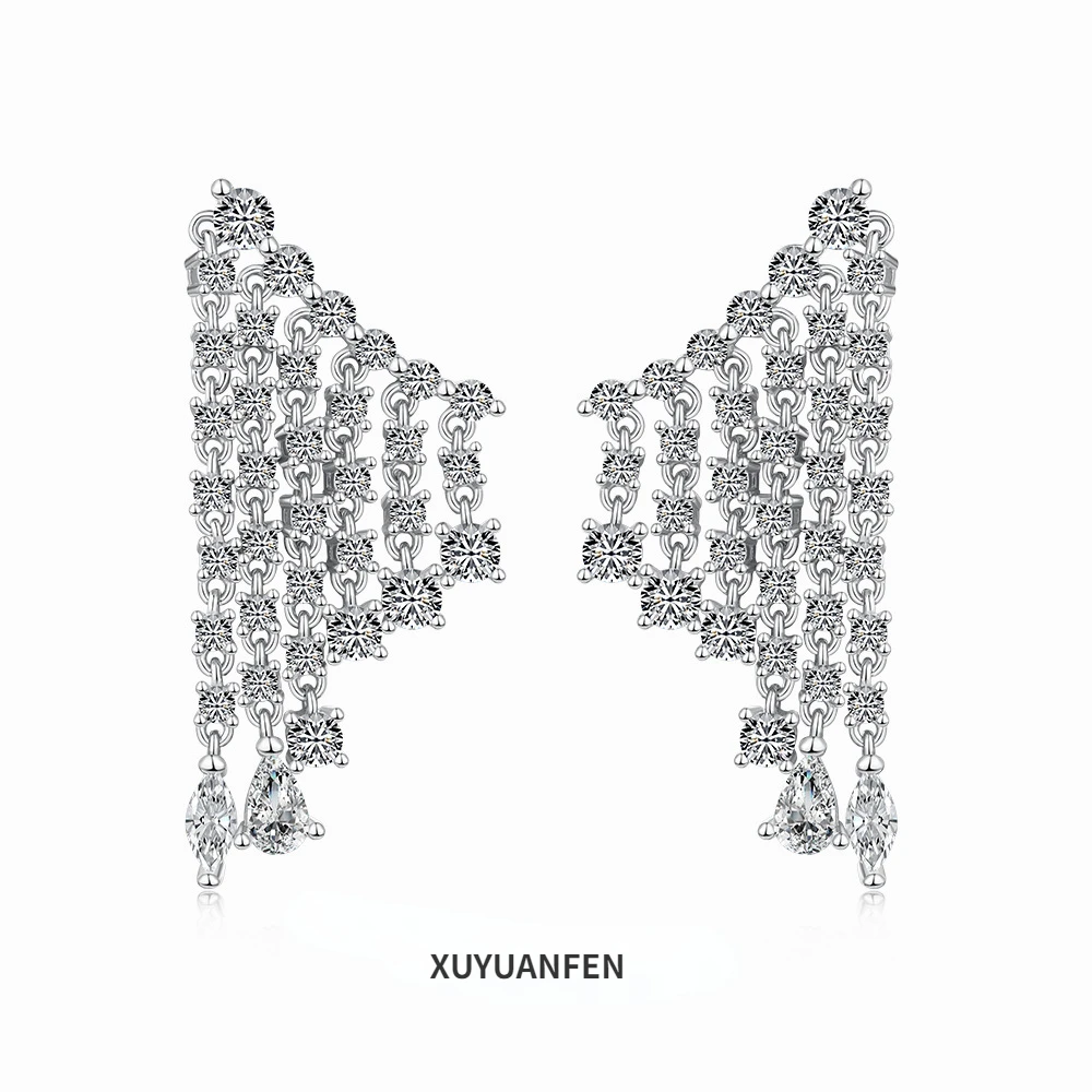 

XUYUANFEN New S925 Pure Silver Ear Stud Women's Luxury Tassel Design with Zircon Inlaid Gorgeous and Noble Women's Earrings