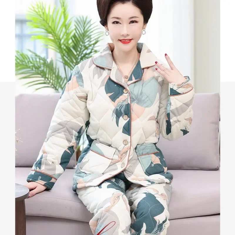 2024 New Pajamas Women Autumn Winter Cotton Pajamas Cotton Thickened Sleepwear Warm Homewear Middle-aged Mom Loungewear Set