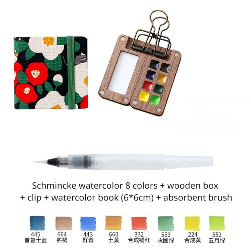 Reis-aquarelverfset van walnoothout met 8 kleuren, magnetisch palet en