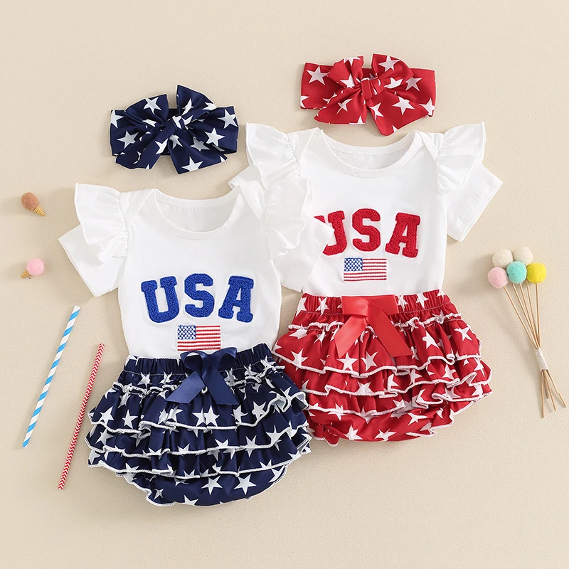 

2024-03-15 Lioraitiin Baby Girls Independence Day Clothes Set Short Sleeve Romper with Stars Print Shorts Hairband Summer Outfit