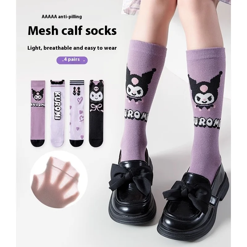 

Sanrio Mesh Breathable Kuromi Children Socks Comfort Calf Socks Spring Summer Thin Cotton Girl Socks Cartoon Trendy Student Sock
