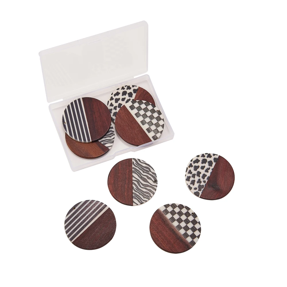8Pcs Zebra Stripes Lattice Leopard Pattern Printed Resin & Wood Pendants Round Wooden Charms for Girl Jewelry Making Accessories