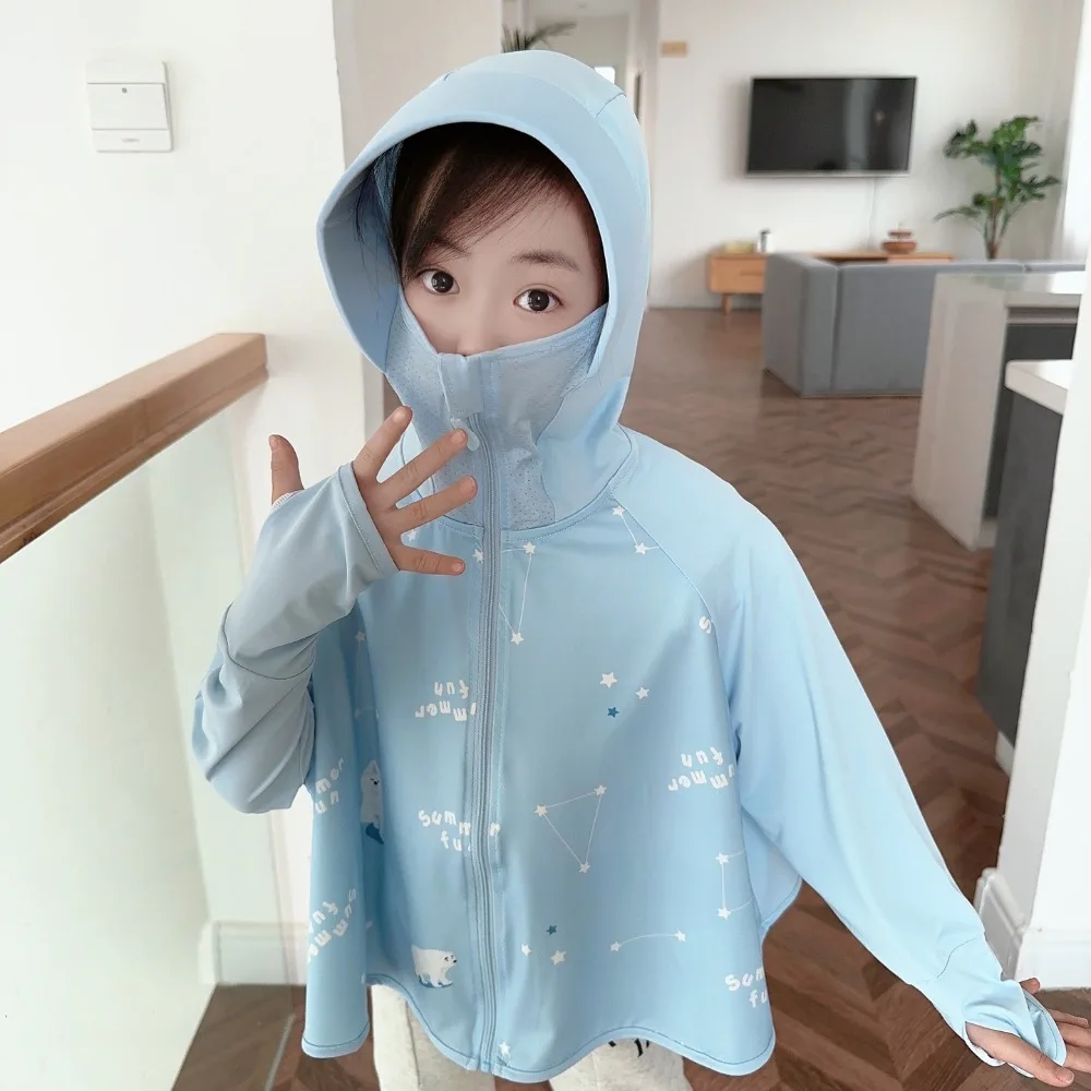 Description Picture 6 of itemHat Kids Sunscreen Hoodie with Mask Veil Thin Arm Sleeves Children Sun Protection Clothing Ice Silk Long Sleeve