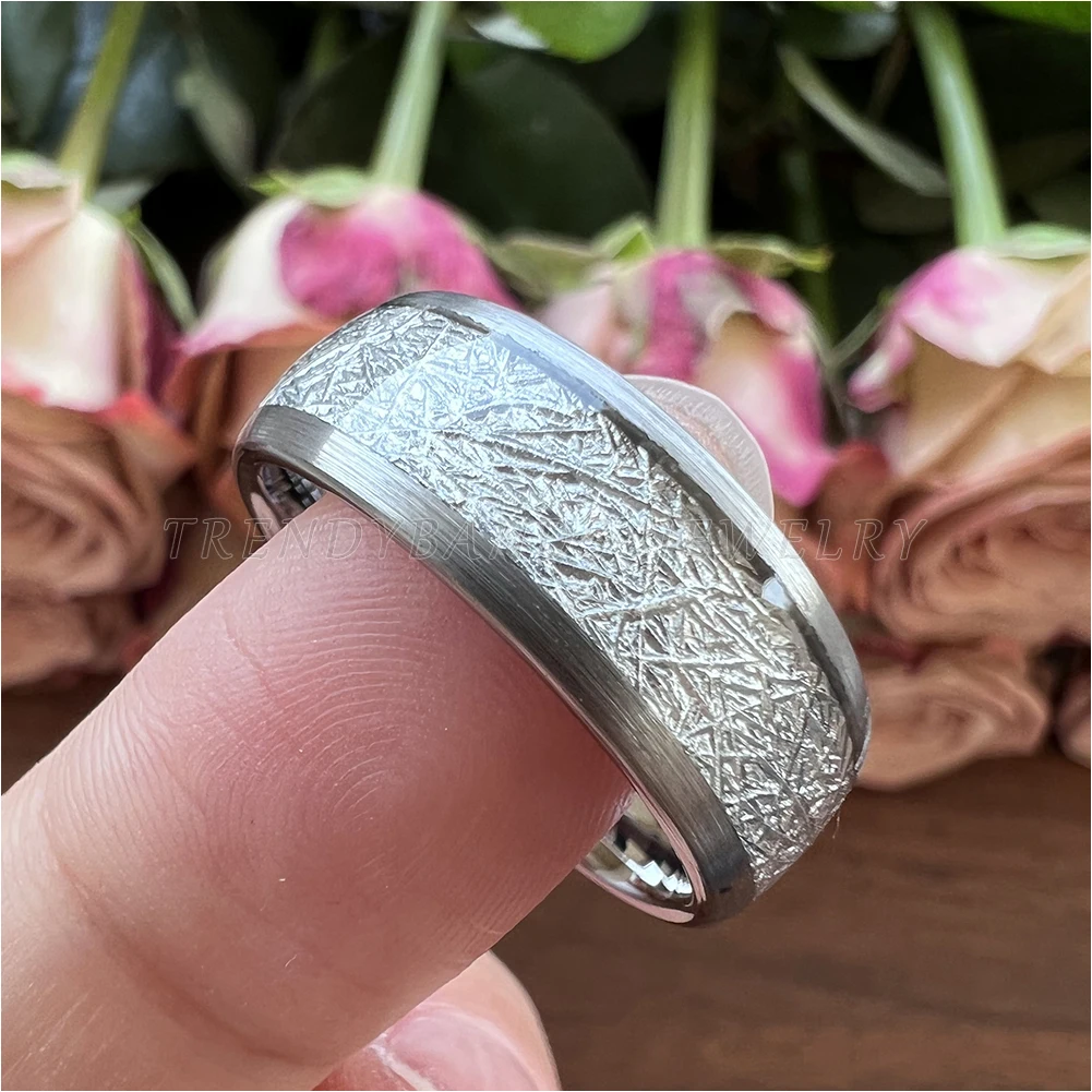 8 mm, 3 Farben, Meteorit-Inlay, Wolframkarbid-Ringe für Männer und Frauen, Ehering, gewölbtes, gebürstetes Finish, bequeme Passform – Detail 14