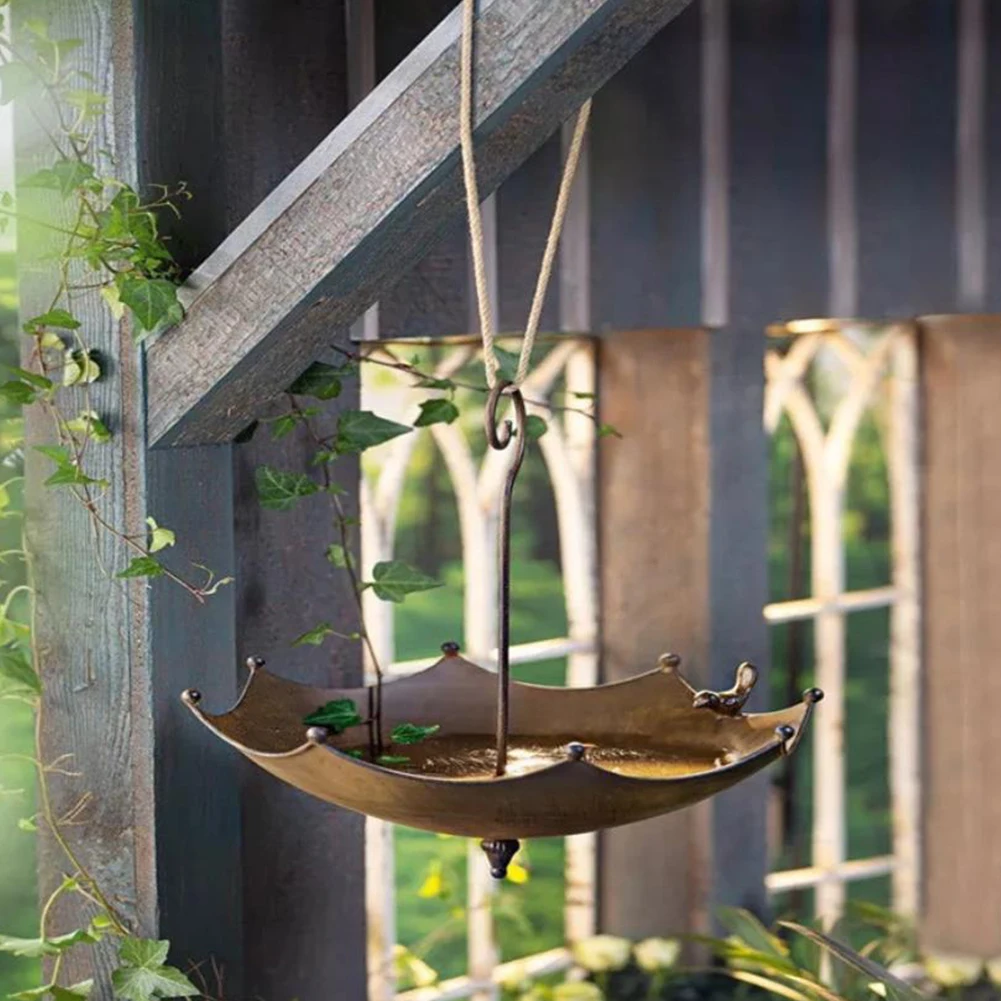Metal umbrella & cat bird feeder Rustic green Hanging garden display Wild birds 
