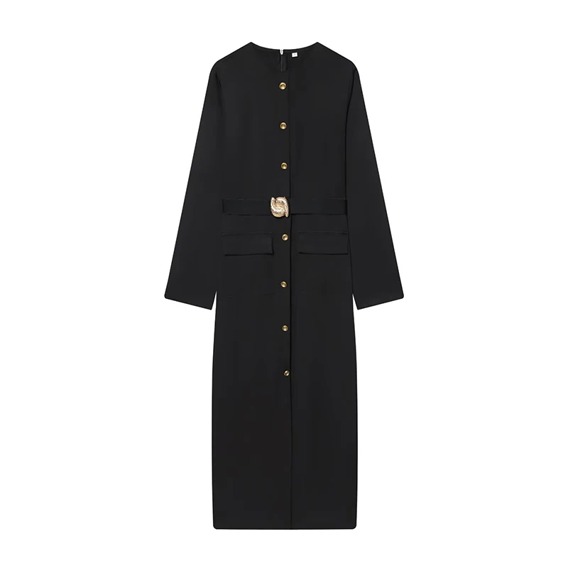 2025 Womens Dresses Black Office Long Dresses for Women Spring Long Sleeve Midi Dress Woman Belt Button Women's Dress