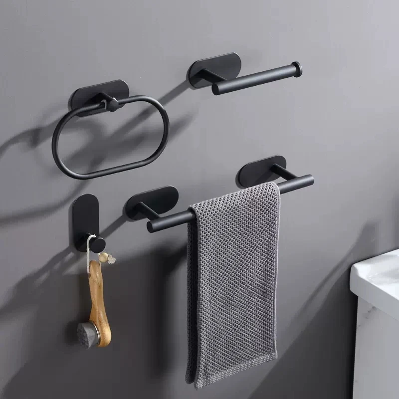 Description Picture 2 of item5PCS Wall Mount Toilet Towel Paper Holder Adhesive Black Kitchen Roll Paper Stand Hanging Napkin Rack Bathroom Accessories WC