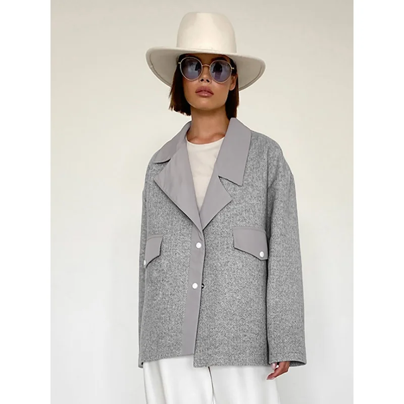Gray Stand-up Collar Warm Suit Design Woolen Coat 2024 New Spring Fashion Commuter Female Fengsb