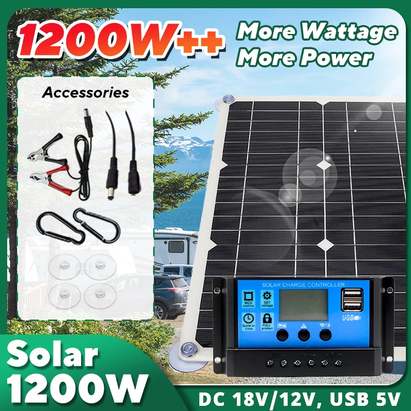 1200W Solar Panel Kit complete 18V Solar Cell 10A-100A Controller Kit For Phone RV Caravan Home Camping Outdoor Battery