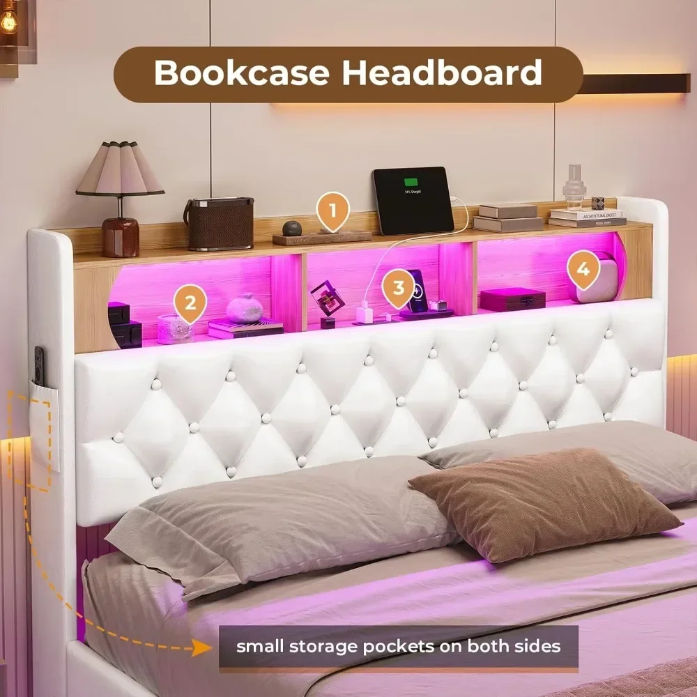 Floating Bed Frame, Floating Platform Bed with Charging Station with LED Lights & Storage Headboard, Modern LED Floating Bed 2