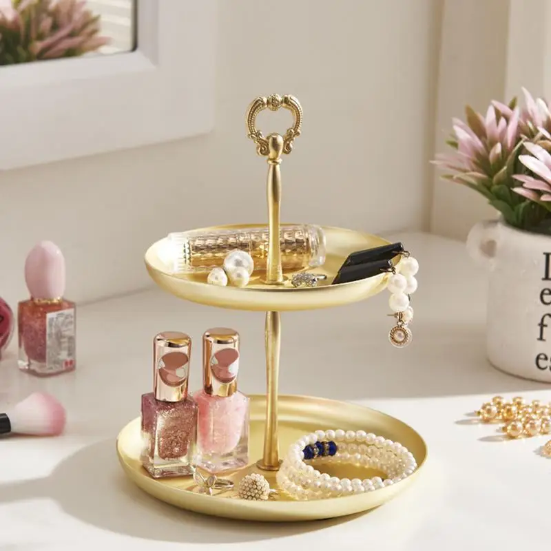 New Two-tier Golden Jewelry Tray Serving Plate Metal  Food Storage  Ornaments Necklace Ring Earring  Home Decoration