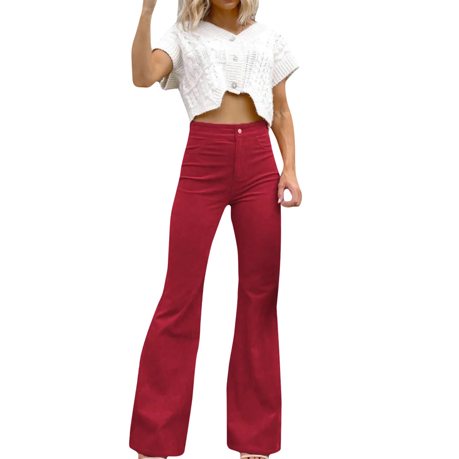 

Machine Washable Soft High Waist Casual With Pockets Bootcut Solid Corduroy Women Pants Fashion Daily Bell Bottom Wide Leg