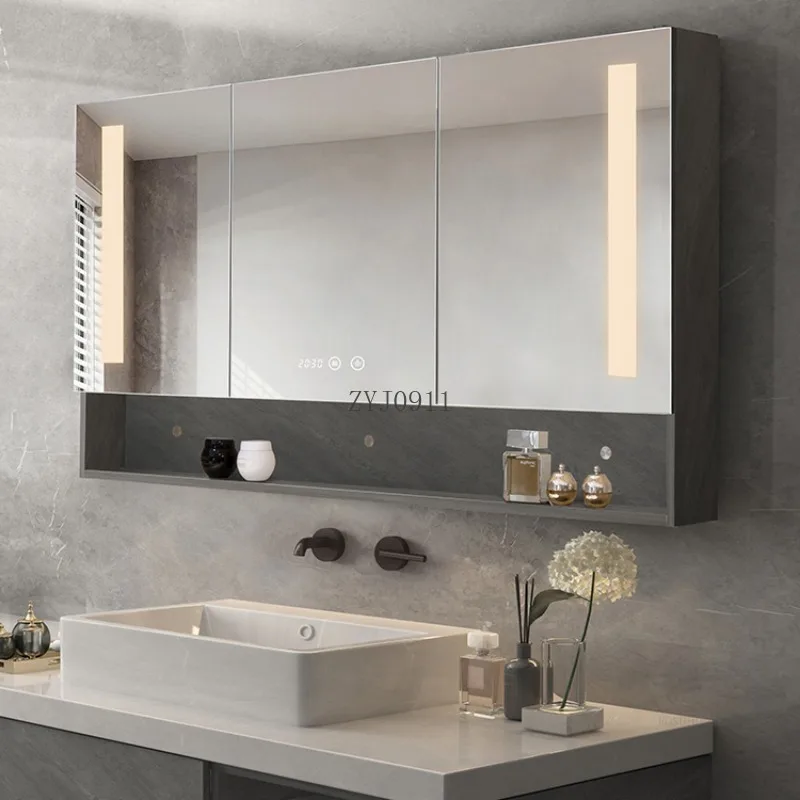 Simple Solid Wood Smart Bathroom Cabinet with Mirror Modern Wall-mounted Bathroom Mirror Storage Cabinet Home Furniture